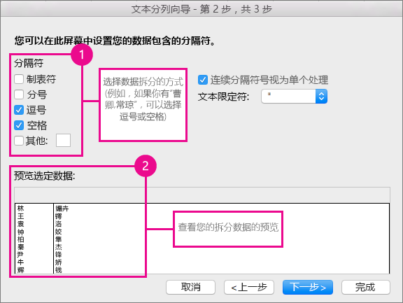 在向?qū)У牡?2 步，在“分隔符”下選擇數(shù)據(jù)的分隔方式；你將可以在“預(yù)覽”下看到數(shù)據(jù)的預(yù)覽