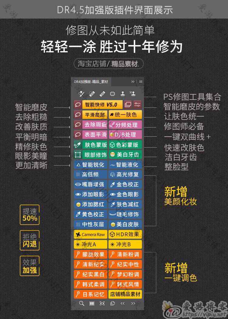 PS(磨皮、摳圖、液化、濾鏡、光效)修圖插件DR4.5加強版